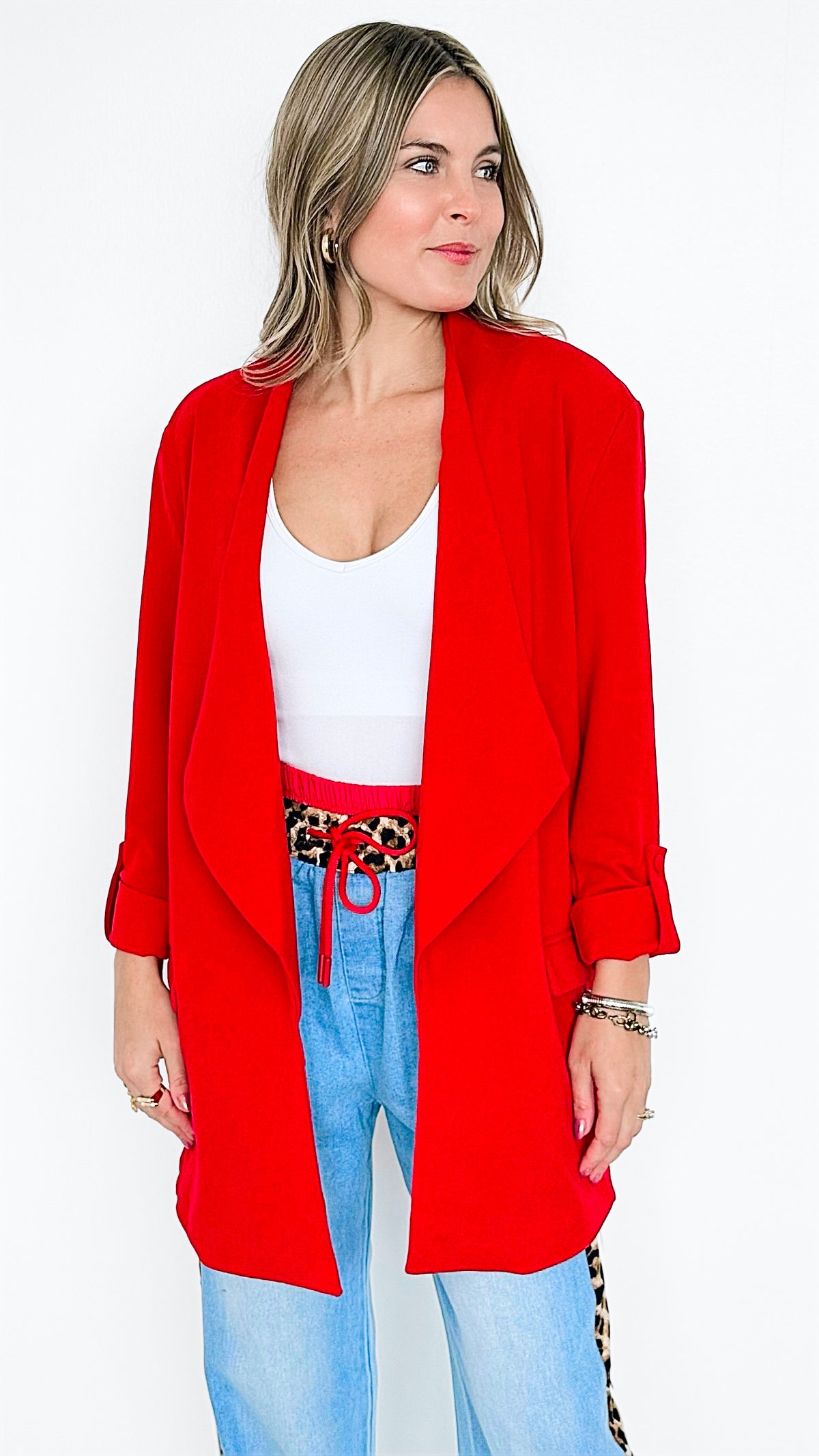 Boyfriend Waterfall Blazer - Red-150 Cardigans/Layers-BOOM BOOM JEANS-Coastal Bloom Boutique, find the trendiest versions of the popular styles and looks Located in Indialantic, FL