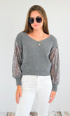 V-Neck Lace Sleeves Sweater-140 Sweaters-Rousseau-Coastal Bloom Boutique, find the trendiest versions of the popular styles and looks Located in Indialantic, FL