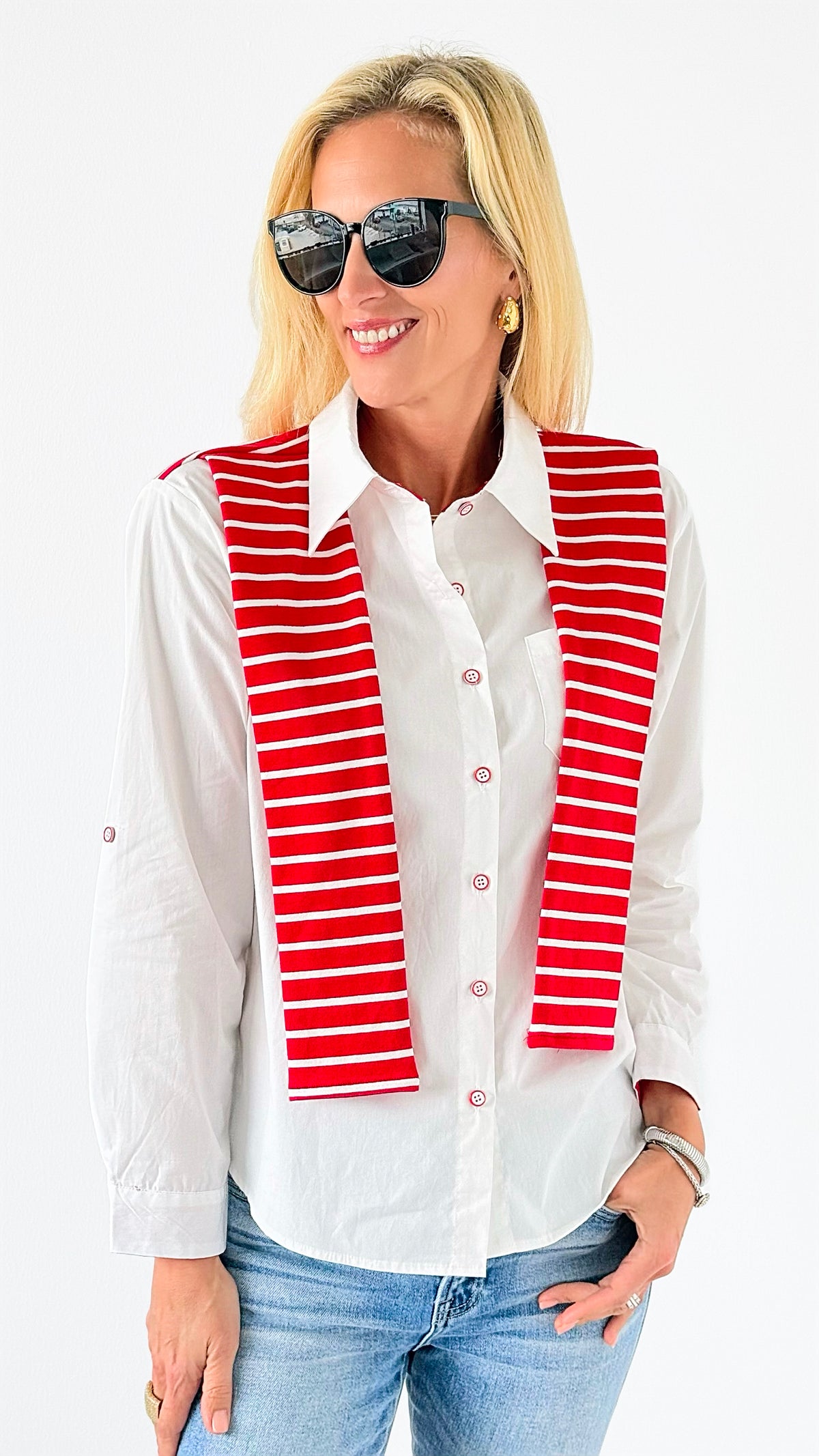 Sailor Chic Button-Down-130 Long sleeve top-PASTEL DESIGN-Coastal Bloom Boutique, find the trendiest versions of the popular styles and looks Located in Indialantic, FL