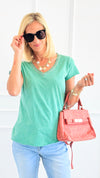 Shimmer Trim V-Neck Italian Top- Mint-110 short Sleeve Top-SARL LACOMY-Coastal Bloom Boutique, find the trendiest versions of the popular styles and looks Located in Indialantic, FL