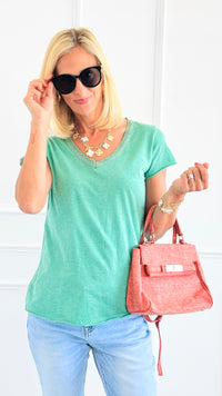 Shimmer Trim V-Neck Italian Top- Mint-110 short Sleeve Top-SARL LACOMY-Coastal Bloom Boutique, find the trendiest versions of the popular styles and looks Located in Indialantic, FL