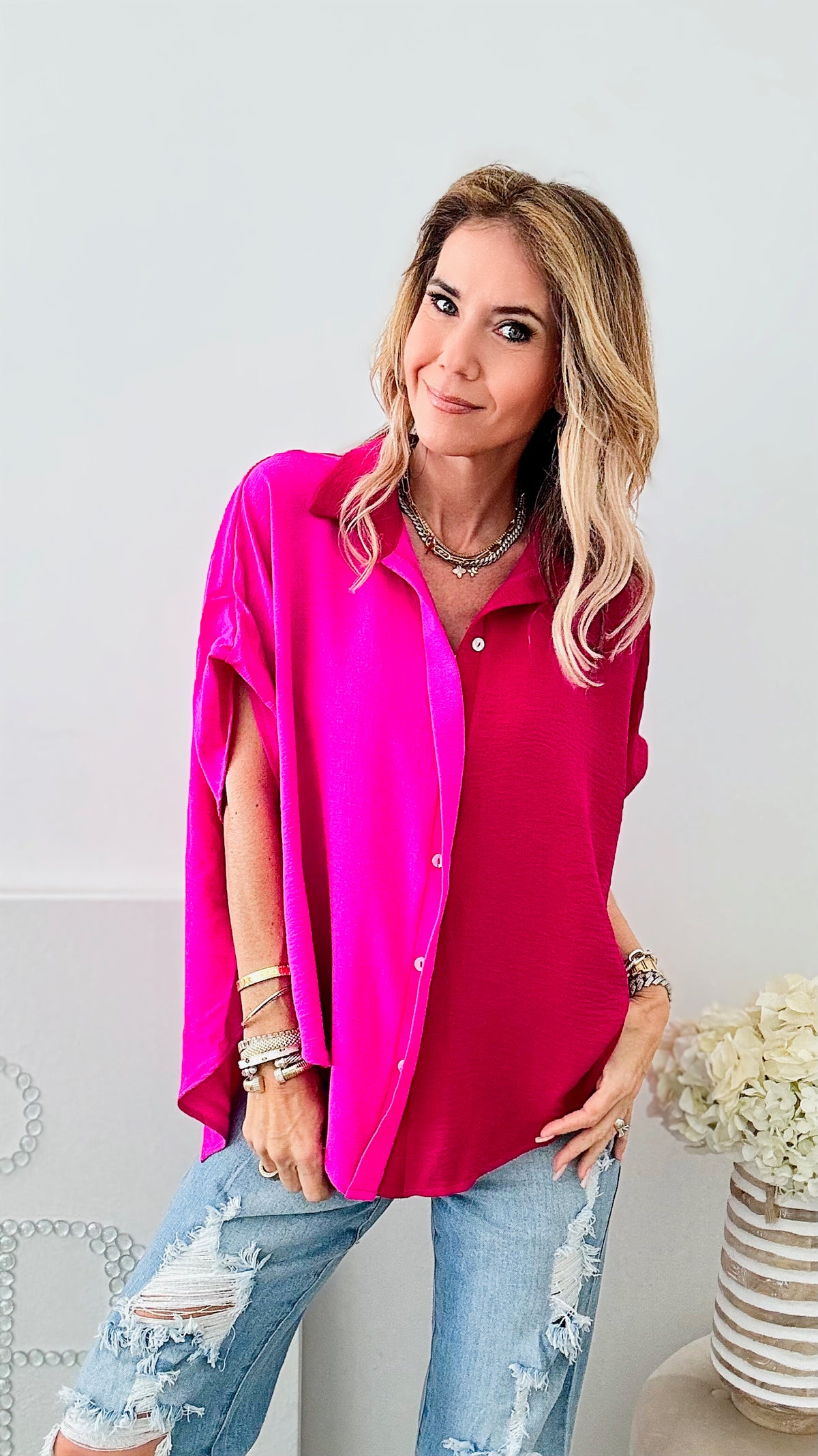 Colorblock Hi-Low Shirt-110 Short Sleeve Tops-Adora-Coastal Bloom Boutique, find the trendiest versions of the popular styles and looks Located in Indialantic, FL