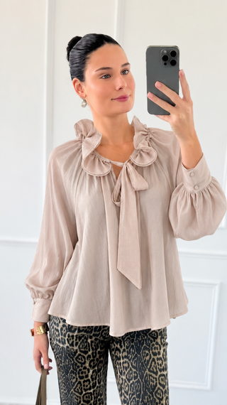 Sheer Romance Ruffle Tie Italian Blouse - Mocha
