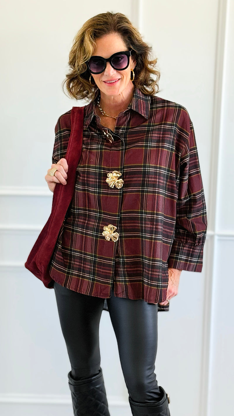 Plaid Petals Corduroy Italian Blouse-110 Long Sleeve Tops-TATTOO Z-Coastal Bloom Boutique, find the trendiest versions of the popular styles and looks Located in Indialantic, FL