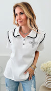 Polo Collar Rhinestone Detailed T-Shirt-White-110 Short Sleeve Tops-CBALY-Coastal Bloom Boutique, find the trendiest versions of the popular styles and looks Located in Indialantic, FL