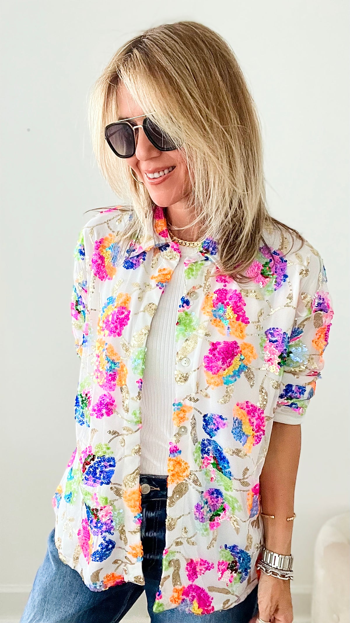 Sunny Splash Sequin Floral Button Up Blouse - White-130 Long Sleeve Tops-MAIN STRIP-Coastal Bloom Boutique, find the trendiest versions of the popular styles and looks Located in Indialantic, FL
