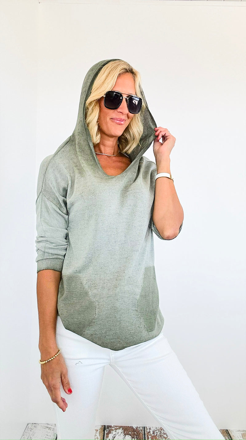 Hoodie V-Neck Italian Sweatshirt Top - Olive-130 Long Sleeve Tops-Tempo-Coastal Bloom Boutique, find the trendiest versions of the popular styles and looks Located in Indialantic, FL