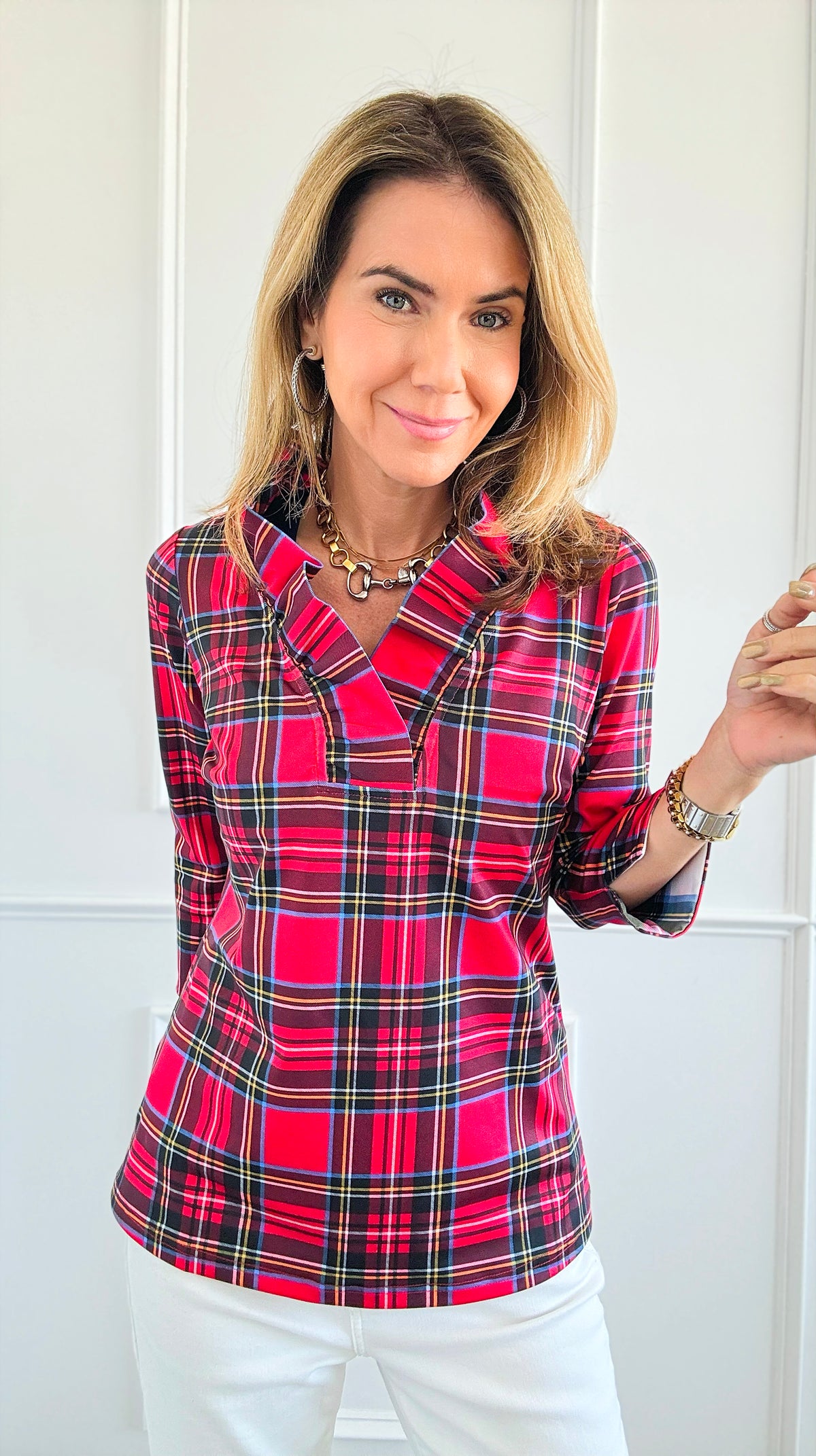 Glen Plaid Ruffle Collar Top- Red-130 Long Sleeve Tops-Gretchen Scott-Coastal Bloom Boutique, find the trendiest versions of the popular styles and looks Located in Indialantic, FL