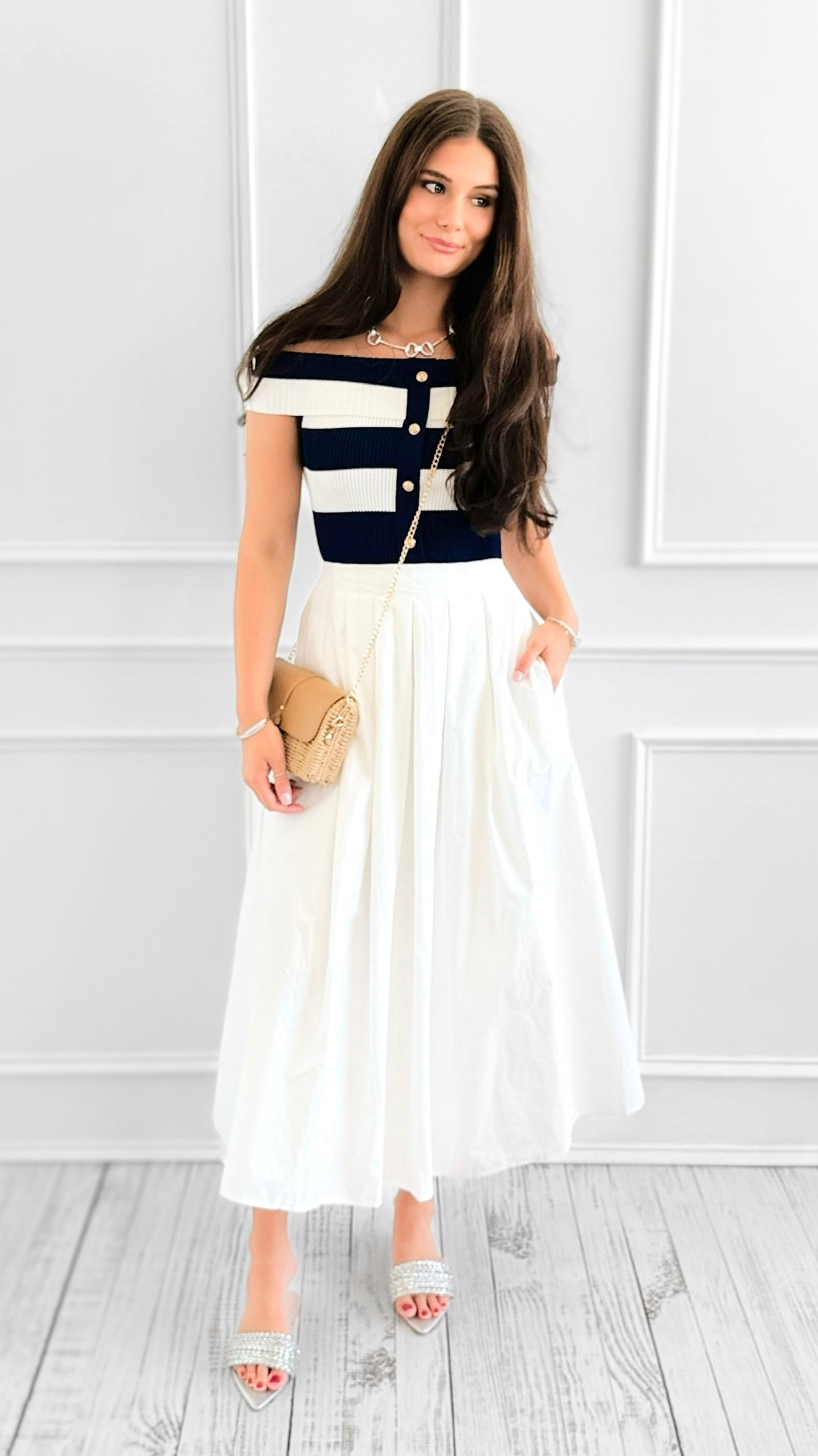 Riviera Muse Off Shoulder Sweater Midi Dress-200 Dresses/Jumpsuits/Rompers-FLYING TOMATO-Coastal Bloom Boutique, find the trendiest versions of the popular styles and looks Located in Indialantic, FL