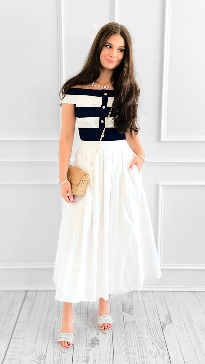Riviera Muse Off Shoulder Sweater Midi Dress-200 Dresses/Jumpsuits/Rompers-FLYING TOMATO-Coastal Bloom Boutique, find the trendiest versions of the popular styles and looks Located in Indialantic, FL