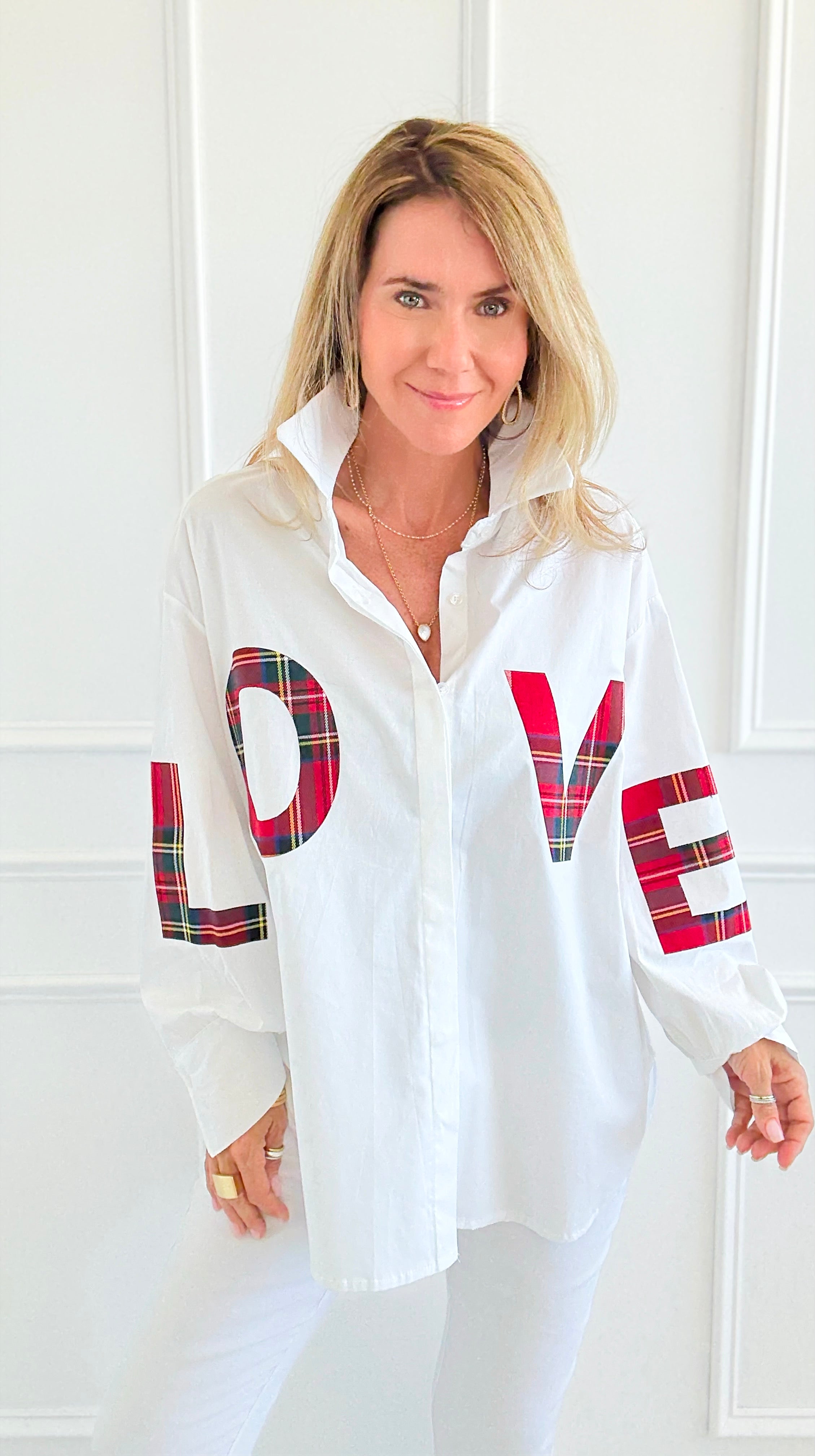 Tartan Love Italian Blouse-110 Long Sleeve Tops-TATTOO Z-Coastal Bloom Boutique, find the trendiest versions of the popular styles and looks Located in Indialantic, FL