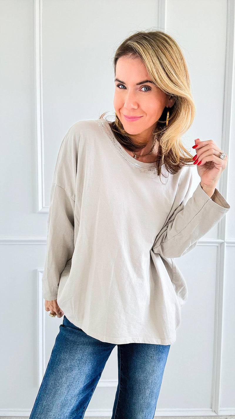 Metallic Foil Detailed Comfort Italian Pullover- Beige/Silver-140 Sweaters-Italianissimo-Coastal Bloom Boutique, find the trendiest versions of the popular styles and looks Located in Indialantic, FL