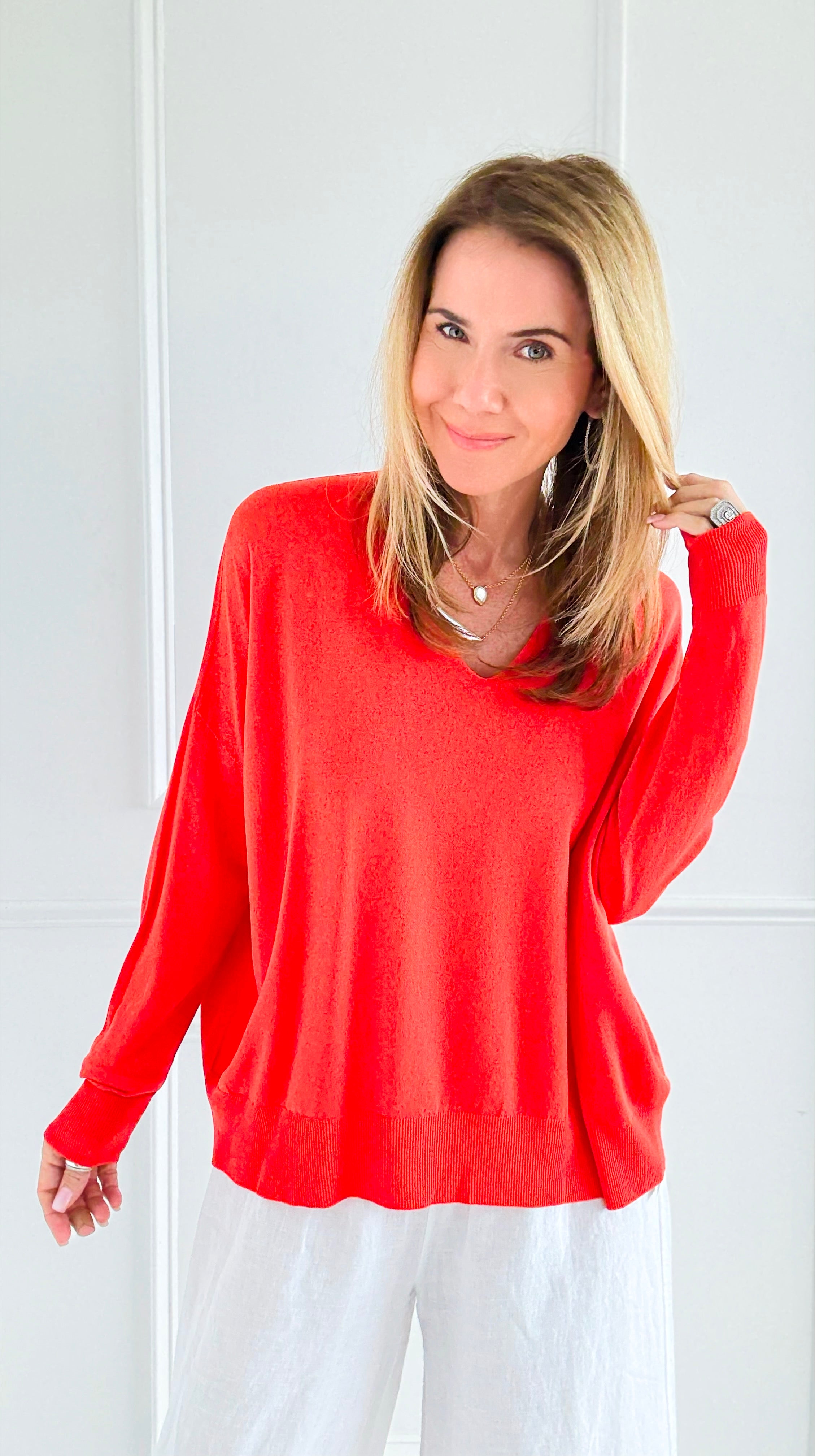 Elegant V-Neck Italian Pullover- Orange-110 Long Sleeve Tops-PROFITER-Coastal Bloom Boutique, find the trendiest versions of the popular styles and looks Located in Indialantic, FL