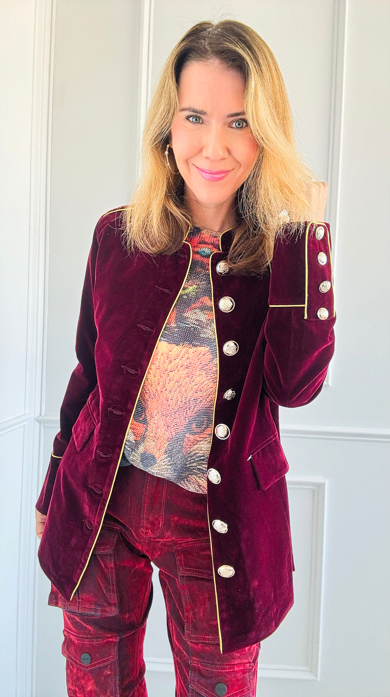 Majestic Velvet Military Blazer - Claret-160 Jackets-Cezele-Coastal Bloom Boutique, find the trendiest versions of the popular styles and looks Located in Indialantic, FL