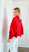 French Terry Buttoned Down Top - Red-130 Long Sleeve Tops-BucketList-Coastal Bloom Boutique, find the trendiest versions of the popular styles and looks Located in Indialantic, FL