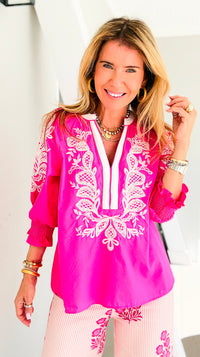 Embroidered Escape V-Neck Top - Hot Pink
