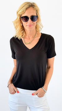 Casual Luxe V-Neck Top - Black-110 Short Sleeve Tops-Zenana-Coastal Bloom Boutique, find the trendiest versions of the popular styles and looks Located in Indialantic, FL