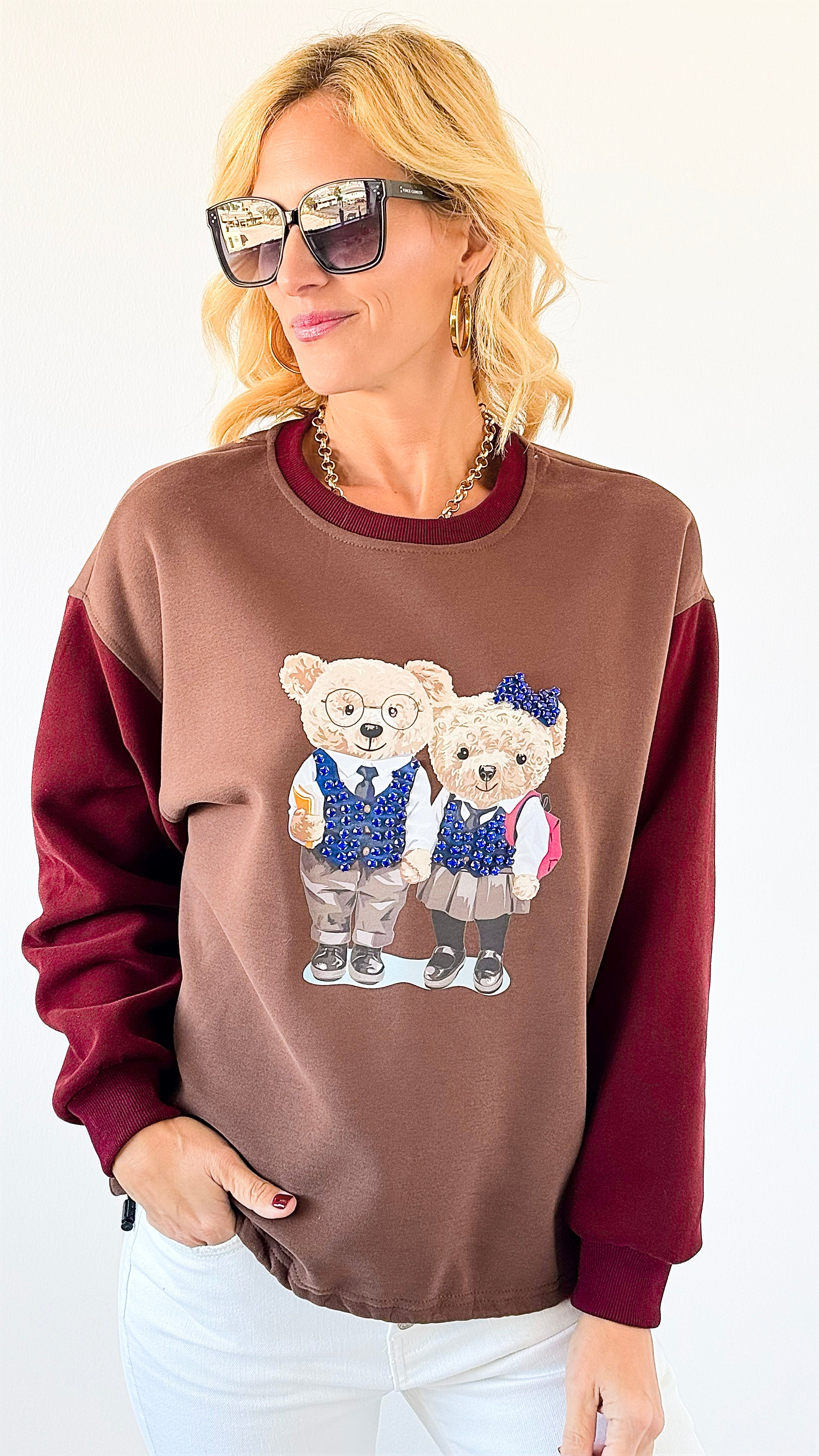 School Days Bear Sweatshirt-110 Long Sleeve Tops-Dazzling-Coastal Bloom Boutique, find the trendiest versions of the popular styles and looks Located in Indialantic, FL