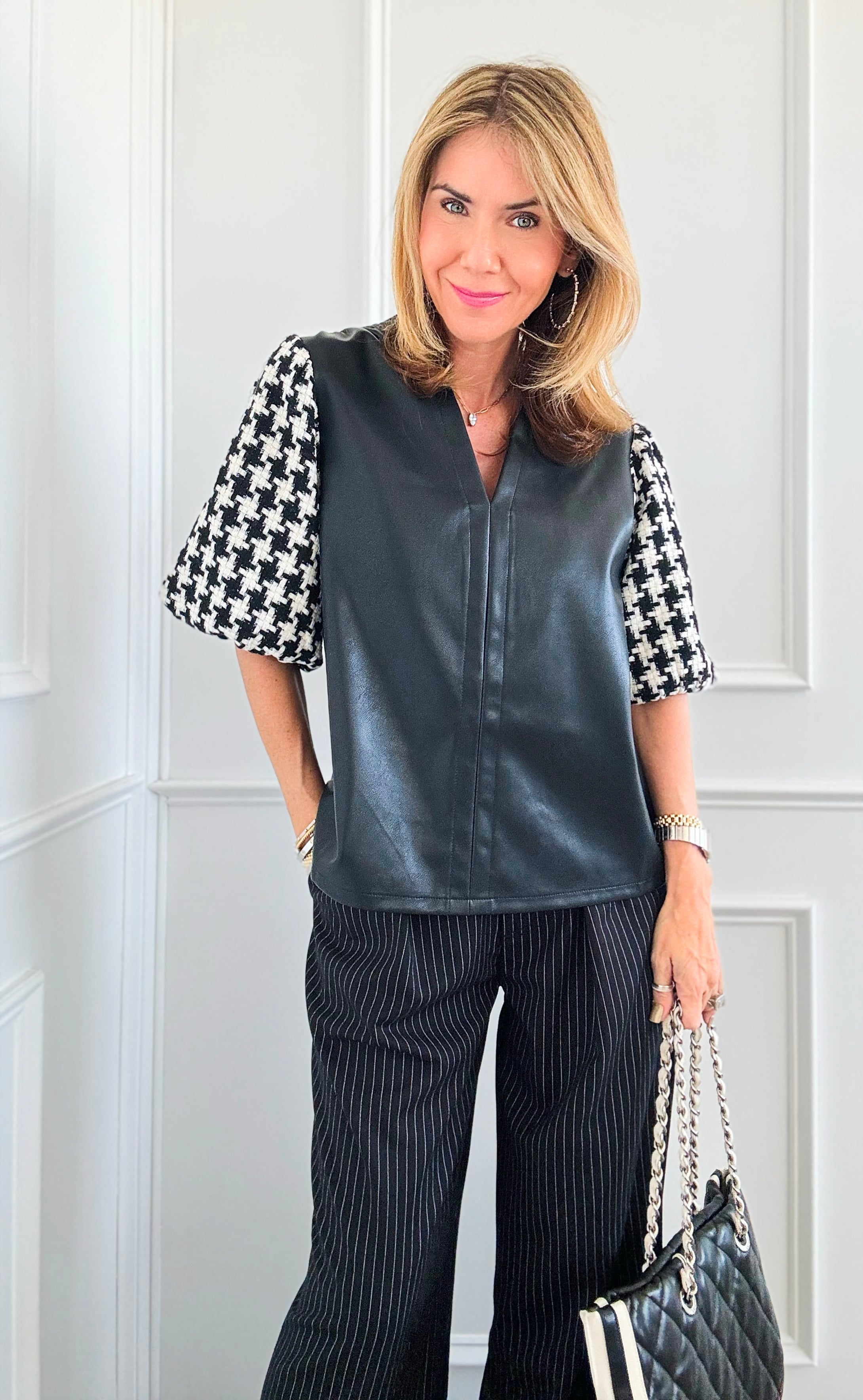 Houndstooth Sleeves V-Neck Blouse-130 Long Sleeve Tops-THML-Coastal Bloom Boutique, find the trendiest versions of the popular styles and looks Located in Indialantic, FL