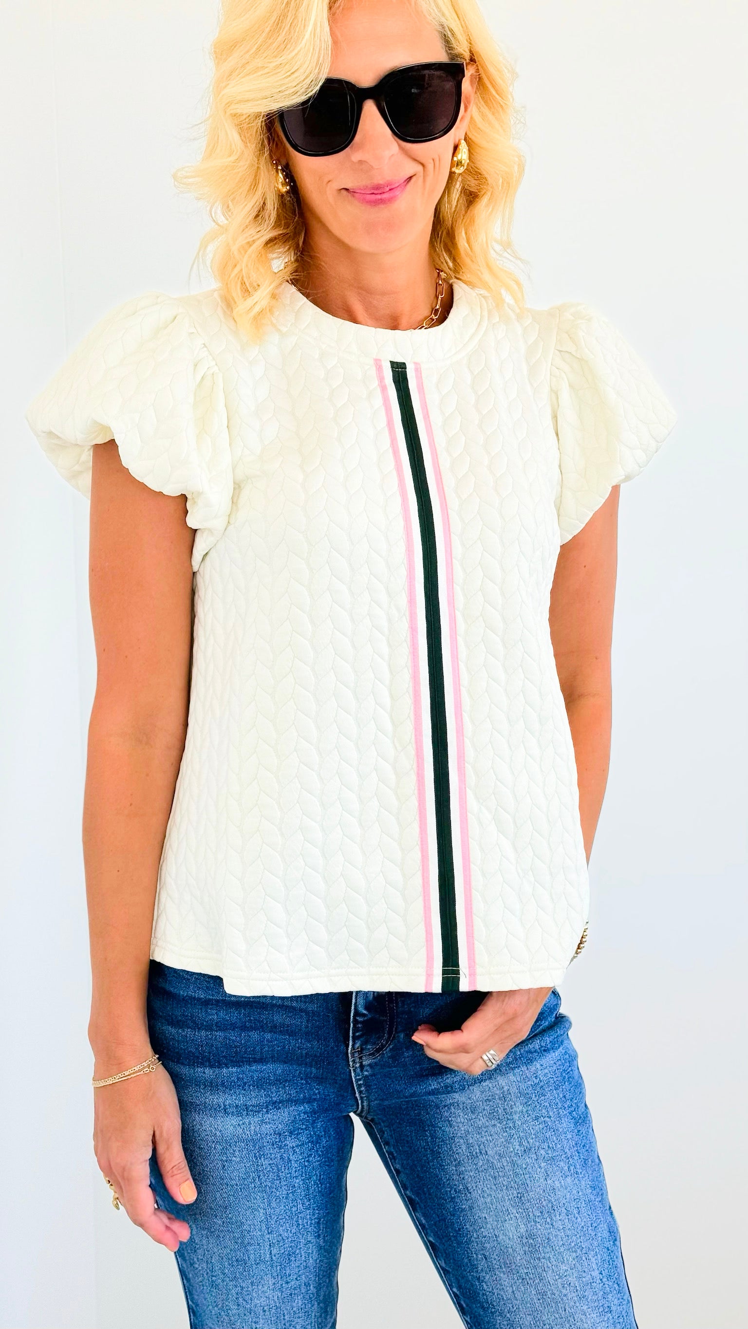 Textured Front Stripped Top - Ivory-110 Short Sleeve Tops-VOY-Coastal Bloom Boutique, find the trendiest versions of the popular styles and looks Located in Indialantic, FL