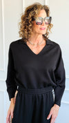 Everyday Luxe V-Neck - Black-110 Long Sleeve Tops-YELETE-Coastal Bloom Boutique, find the trendiest versions of the popular styles and looks Located in Indialantic, FL