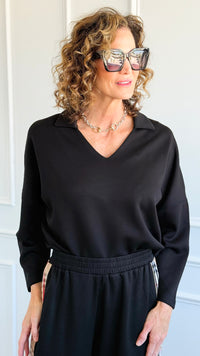 Everyday Luxe V-Neck - Black-110 Long Sleeve Tops-YELETE-Coastal Bloom Boutique, find the trendiest versions of the popular styles and looks Located in Indialantic, FL