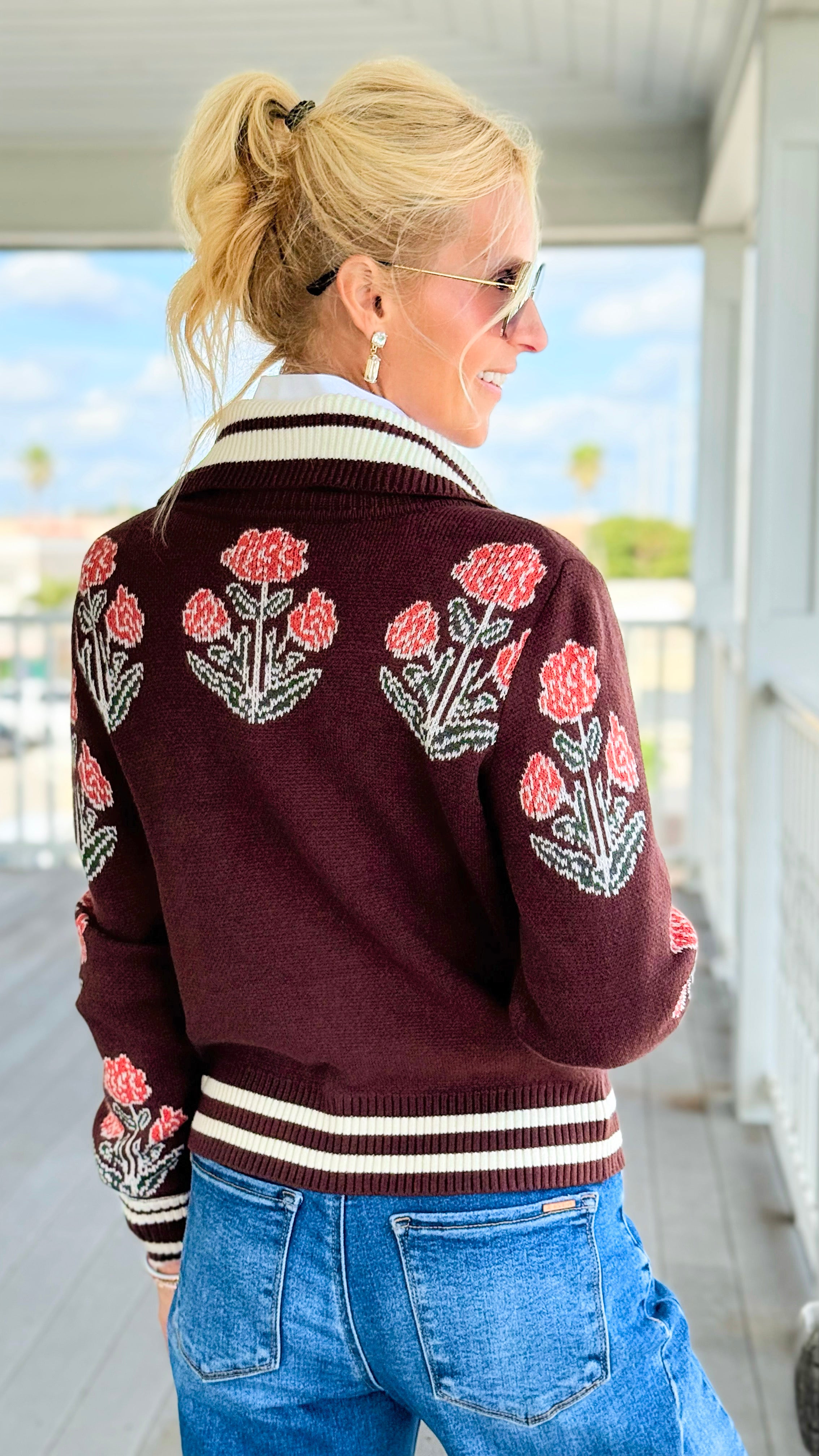 Botanical Zip-Front Knit Cardigan