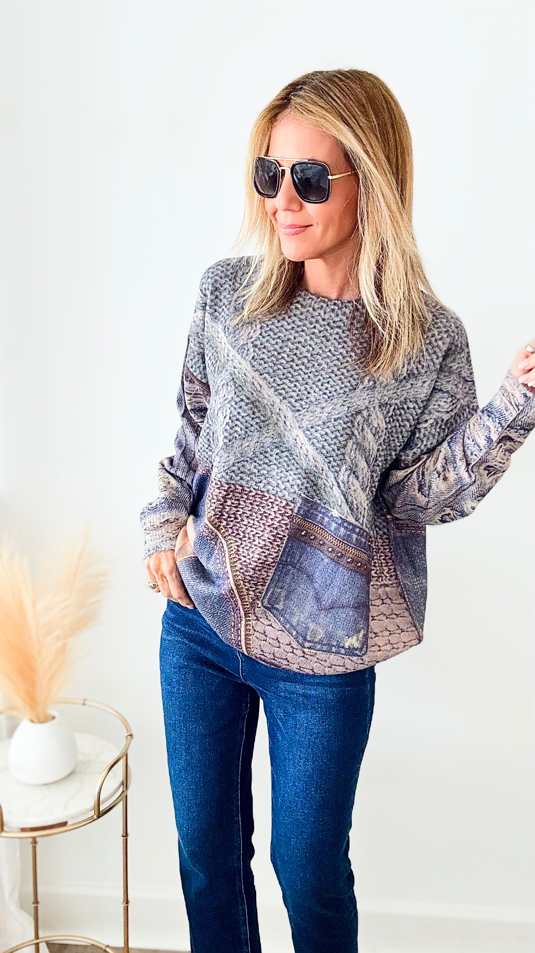 Mix Media Denim Pocket Sweater-140 Sweaters-original usa-Coastal Bloom Boutique, find the trendiest versions of the popular styles and looks Located in Indialantic, FL