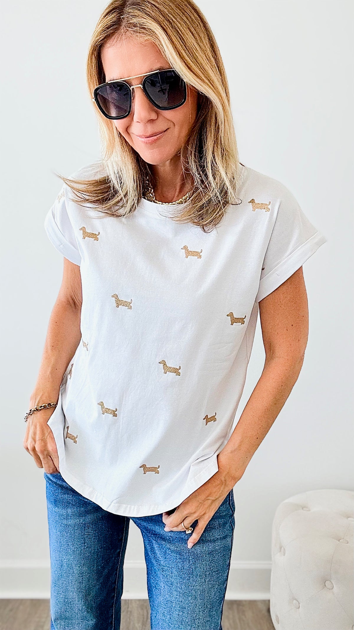 Gold Dachshund T-Shirt - White-110 Short Sleeve Tops-TABA-Coastal Bloom Boutique, find the trendiest versions of the popular styles and looks Located in Indialantic, FL