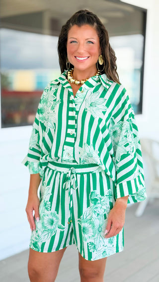 Striped Bloom Button Down Set - Emerald
