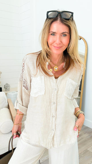 Sequin Pocket & Crochet Sleeve Linen Italian Button Top