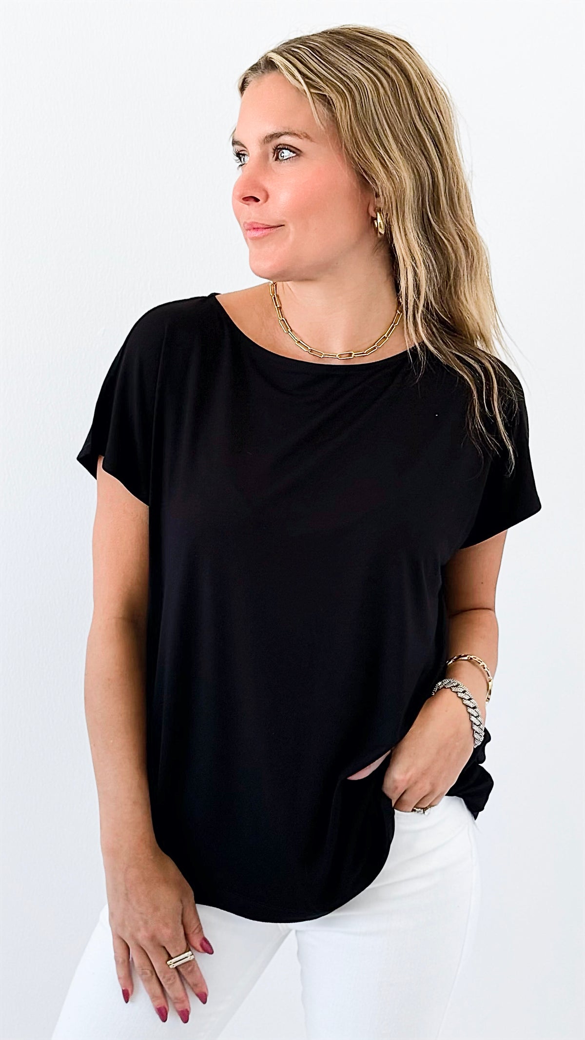 Luxe Cap Sleeve Tee - Black-210 Loungewear/Sets-Rae Mode-Coastal Bloom Boutique, find the trendiest versions of the popular styles and looks Located in Indialantic, FL