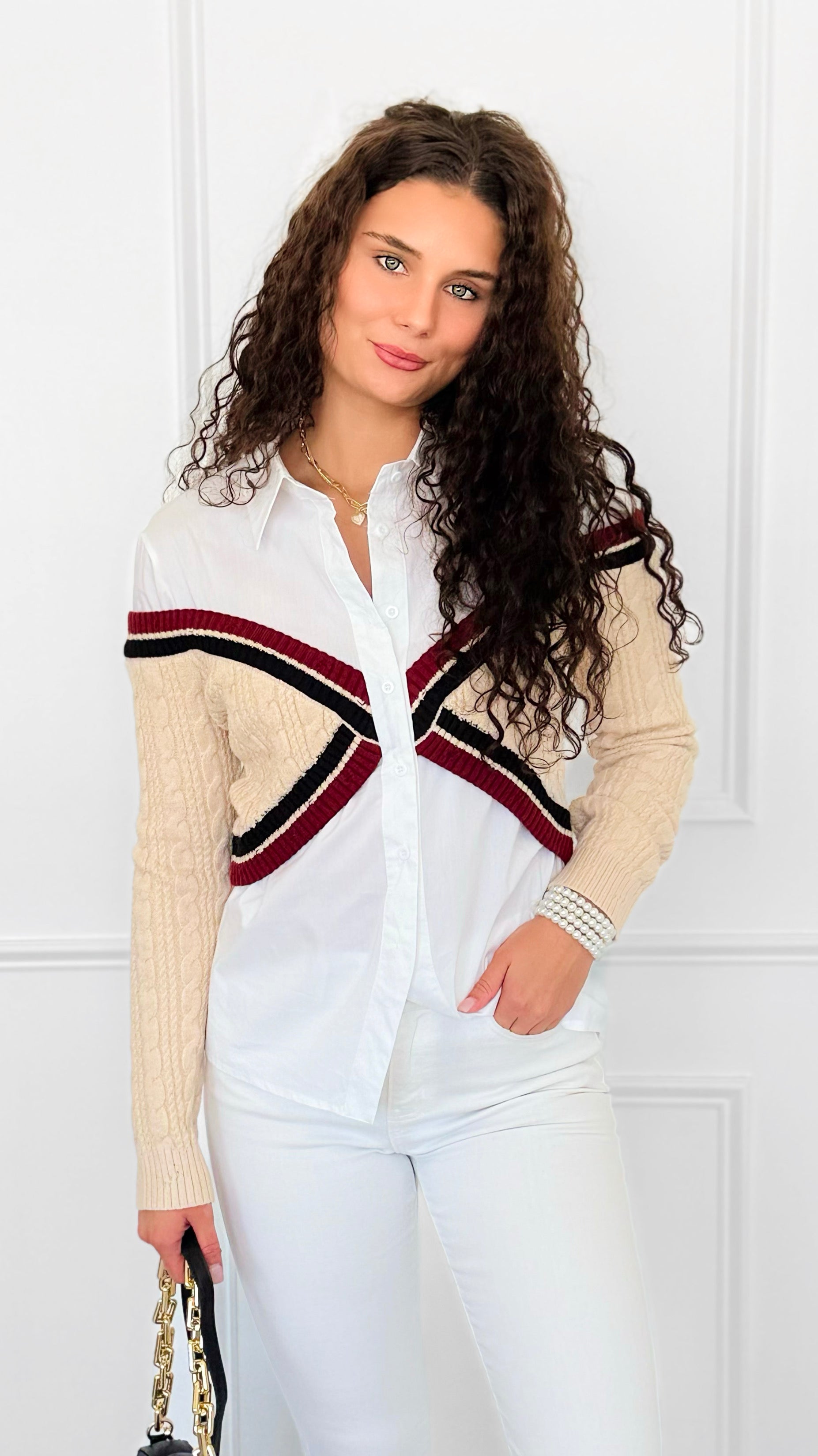 Varsity Remix Cable Knit Top-130 Long Sleeve Tops-LA' ROS-Coastal Bloom Boutique, find the trendiest versions of the popular styles and looks Located in Indialantic, FL