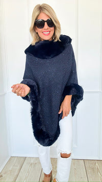 Midnight Glam Faux Fur Poncho - Navy-160 Jackets-Original USA-Coastal Bloom Boutique, find the trendiest versions of the popular styles and looks Located in Indialantic, FL