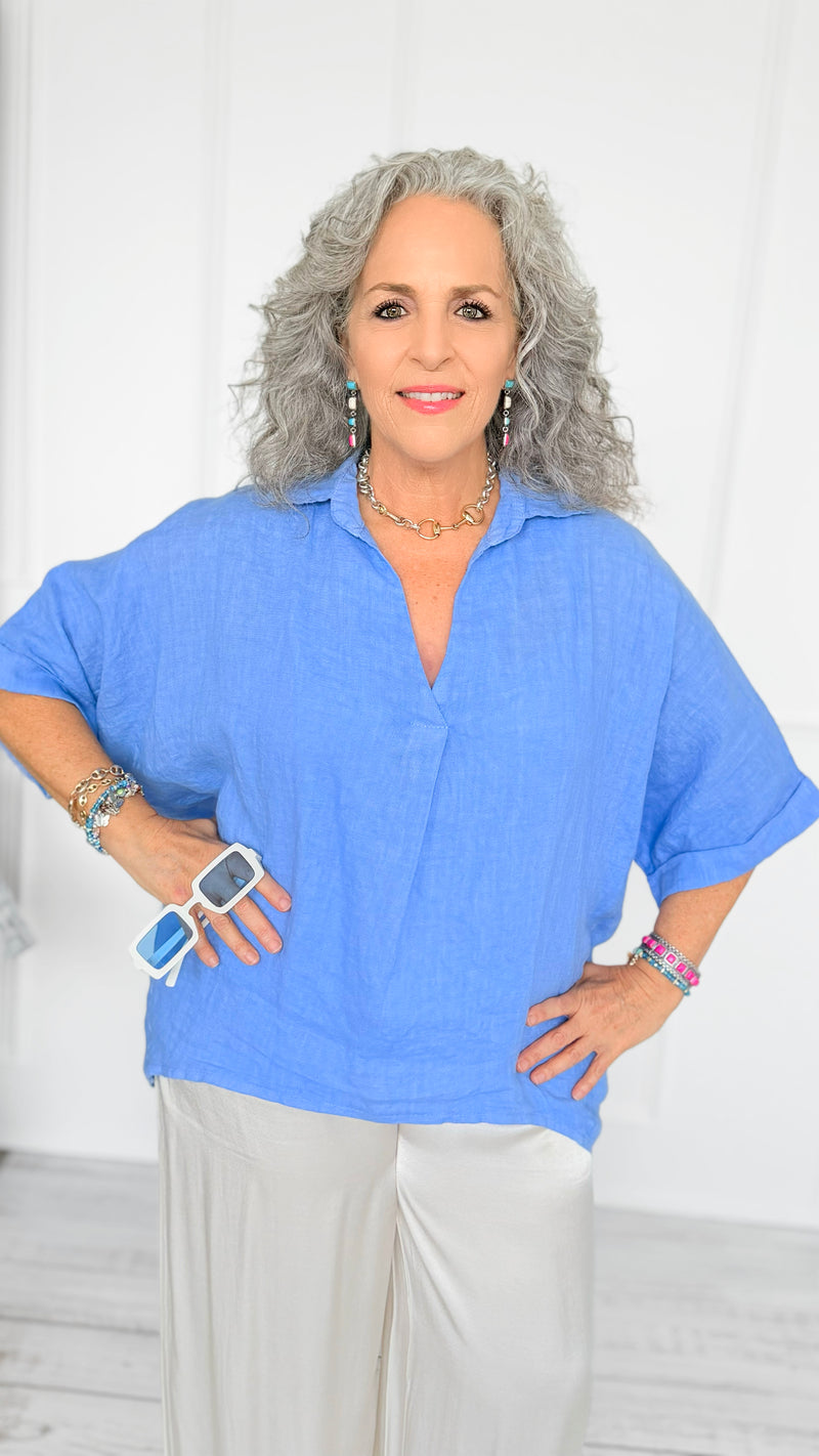 DAMAGED-Soft Days Linen Italian Button Top- Periwinkle-110 short Sleeve Top-PORCIENTO-Coastal Bloom Boutique, find the trendiest versions of the popular styles and looks Located in Indialantic, FL