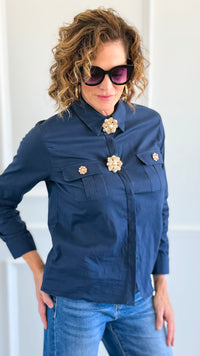 Rhinestone Brooch Detail Top - Navy-130 Long Sleeve Tops-PASTEL DESIGN-Coastal Bloom Boutique, find the trendiest versions of the popular styles and looks Located in Indialantic, FL