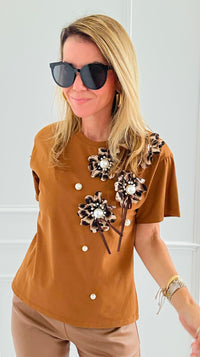 Embellished Floral Appliqué Tee-110 short Sleeve Top-PASTEL DESIGN-Coastal Bloom Boutique, find the trendiest versions of the popular styles and looks Located in Indialantic, FL