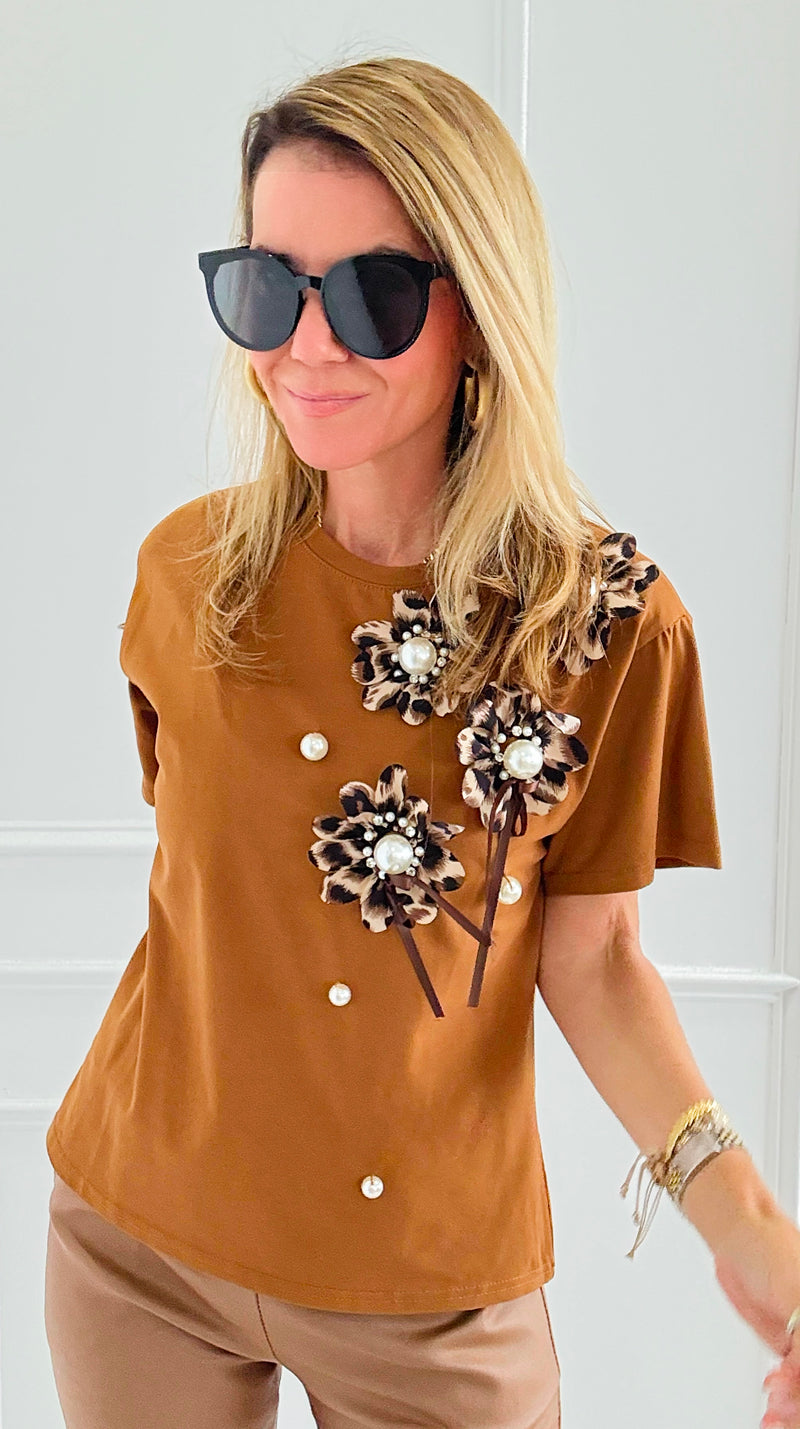 Embellished Floral Appliqué Tee-110 short Sleeve Top-PASTEL DESIGN-Coastal Bloom Boutique, find the trendiest versions of the popular styles and looks Located in Indialantic, FL