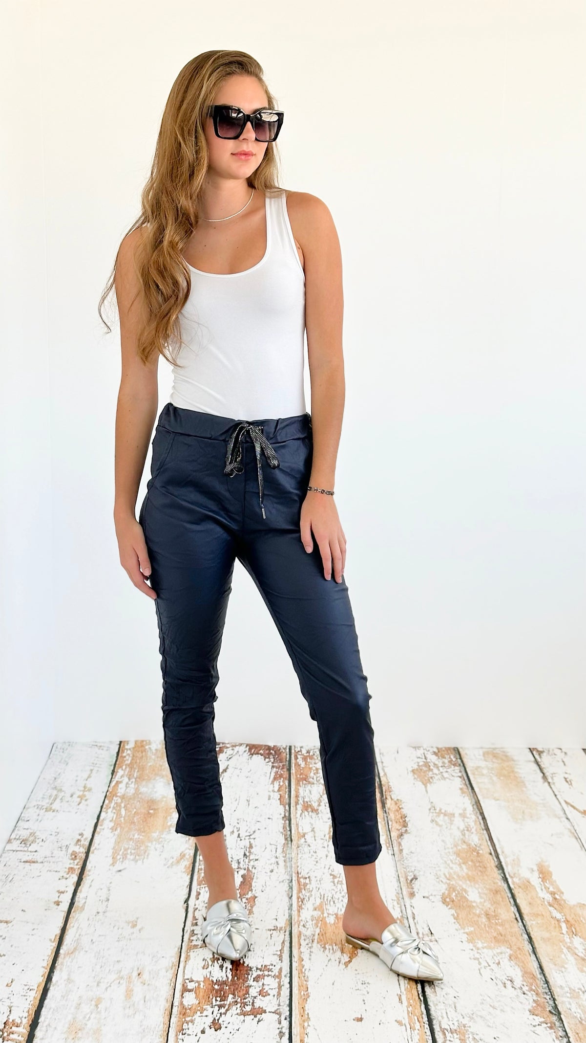 City Lights Faux Leather Italian Jogger- Navy-180 Joggers-Italianissimo-Coastal Bloom Boutique, find the trendiest versions of the popular styles and looks Located in Indialantic, FL