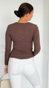 Button Me Up Ribbed Top - Brown-130 Long Sleeve Tops-YELETE-Coastal Bloom Boutique, find the trendiest versions of the popular styles and looks Located in Indialantic, FL