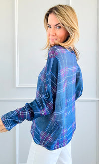 Festive Plaid St Tropez Italian Knit Sweater- Cobalt Blue-140 Sweaters-Italianissimo-Coastal Bloom Boutique, find the trendiest versions of the popular styles and looks Located in Indialantic, FL