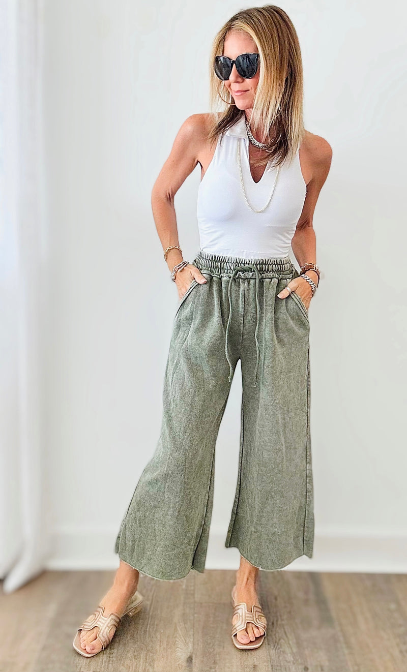 Acid Wash Fleece Palazzo Sweat Pants - Light Olive-170 Bottoms-Zenana-Coastal Bloom Boutique, find the trendiest versions of the popular styles and looks Located in Indialantic, FL