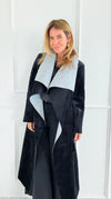 Two-Tone Wrap Belted Coat - Black-160 Jackets-V6-Coastal Bloom Boutique, find the trendiest versions of the popular styles and looks Located in Indialantic, FL