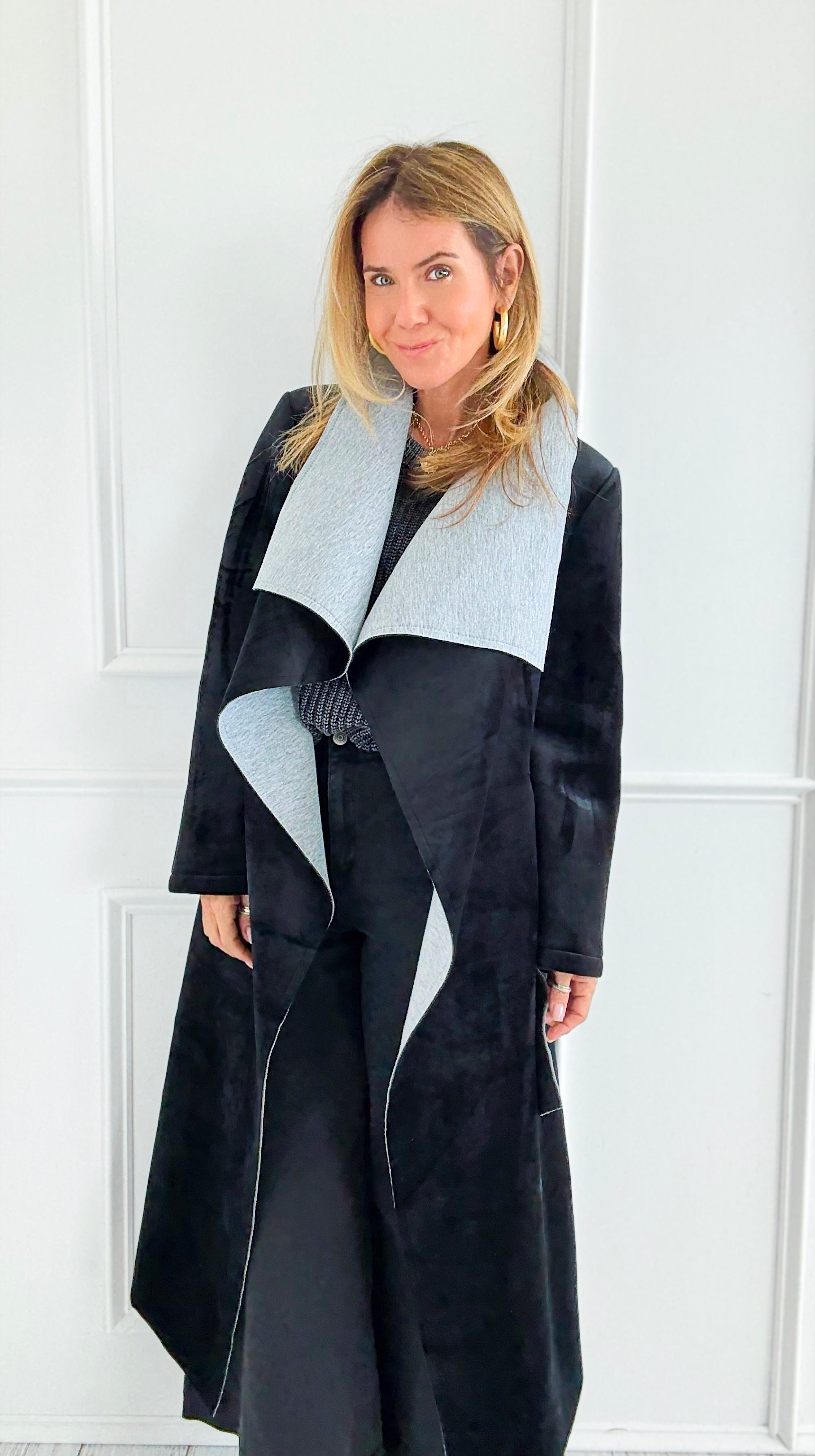 Two-Tone Wrap Belted Coat - Black-160 Jackets-V6-Coastal Bloom Boutique, find the trendiest versions of the popular styles and looks Located in Indialantic, FL