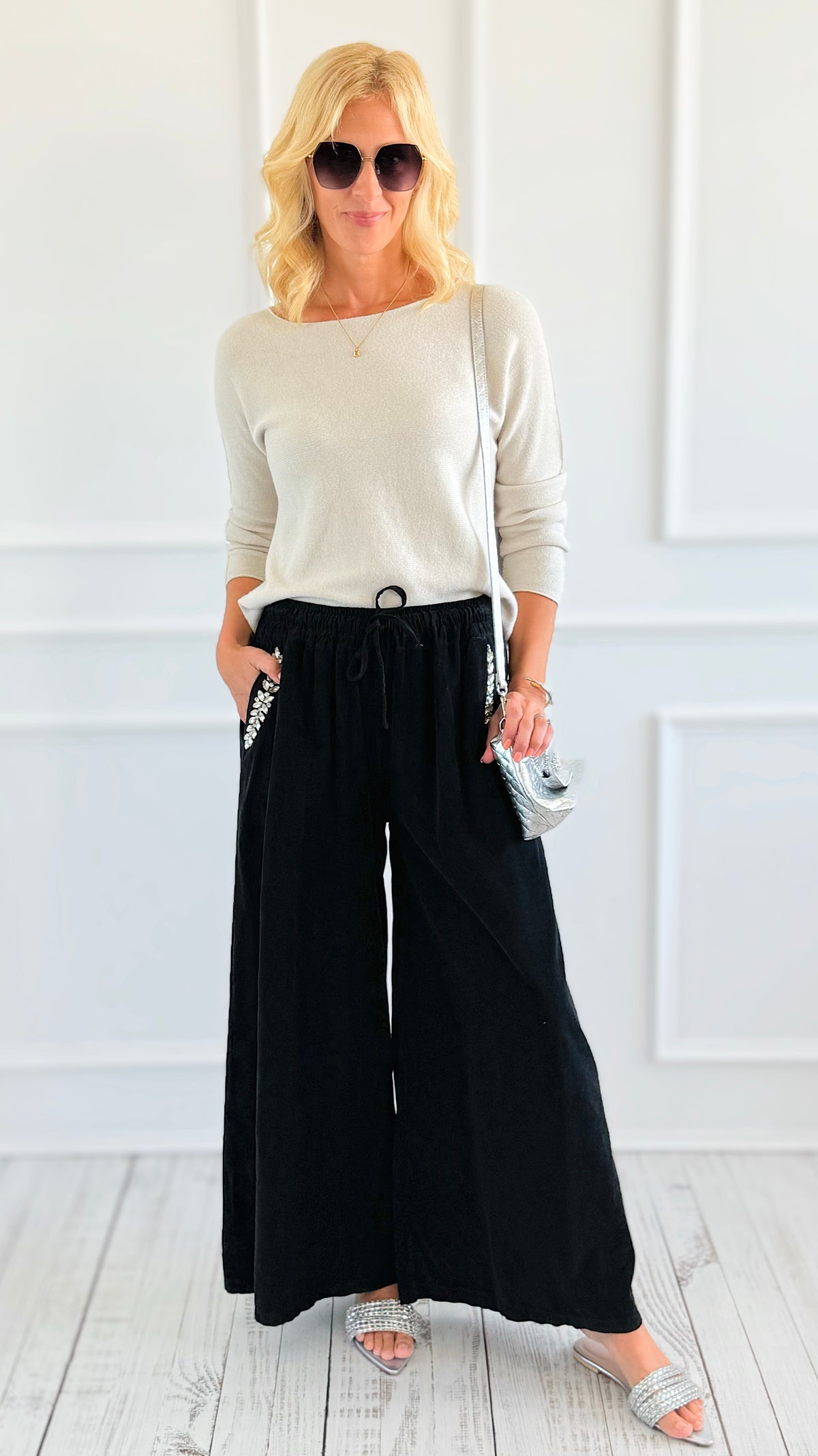 Ease Embellished Corduroy Italian Relaxed Pant- Black-100 Pants-TATTOO Z-Coastal Bloom Boutique, find the trendiest versions of the popular styles and looks Located in Indialantic, FL