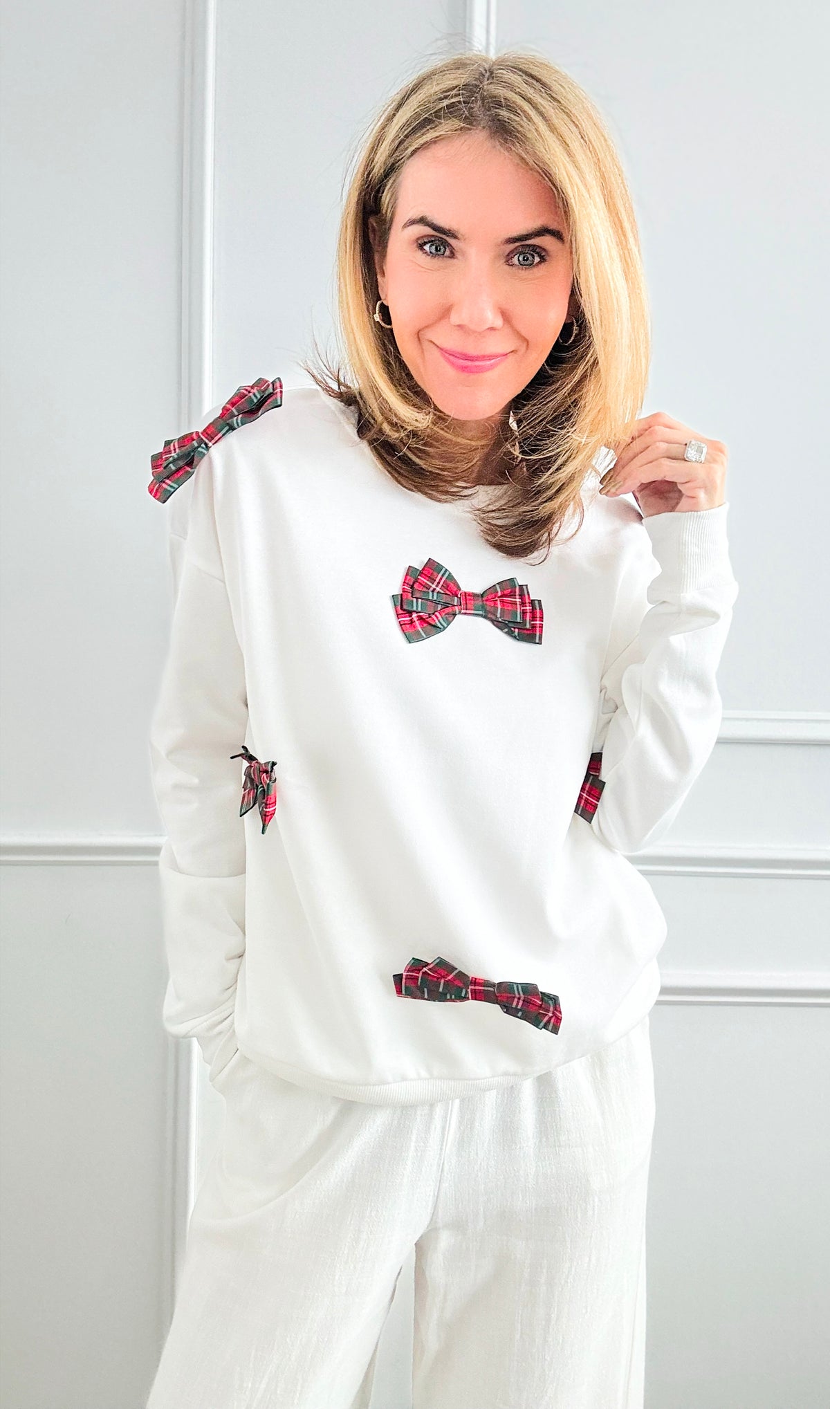 Multi Plaid Bow Sweatshirt - White-130 Long Sleeve Tops-Why Dress-Coastal Bloom Boutique, find the trendiest versions of the popular styles and looks Located in Indialantic, FL