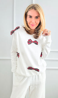 Multi Plaid Bow Sweatshirt - White-130 Long Sleeve Tops-Why Dress-Coastal Bloom Boutique, find the trendiest versions of the popular styles and looks Located in Indialantic, FL