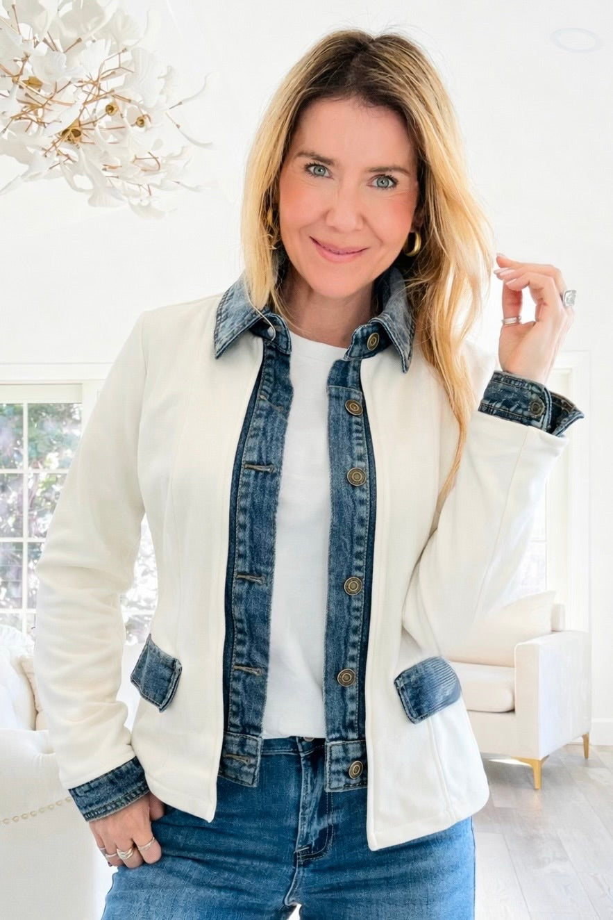 Layered Look Denim Trim Knit Jacket - Ecru