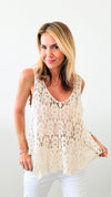 Dainty Diamond Italian Crochet Tank - Cream-110 Short Sleeve Tops-Germany-Coastal Bloom Boutique, find the trendiest versions of the popular styles and looks Located in Indialantic, FL