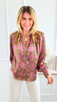 Geometric Floral Split Neck Top-110 Long Sleeve Tops-sew in love-Coastal Bloom Boutique, find the trendiest versions of the popular styles and looks Located in Indialantic, FL